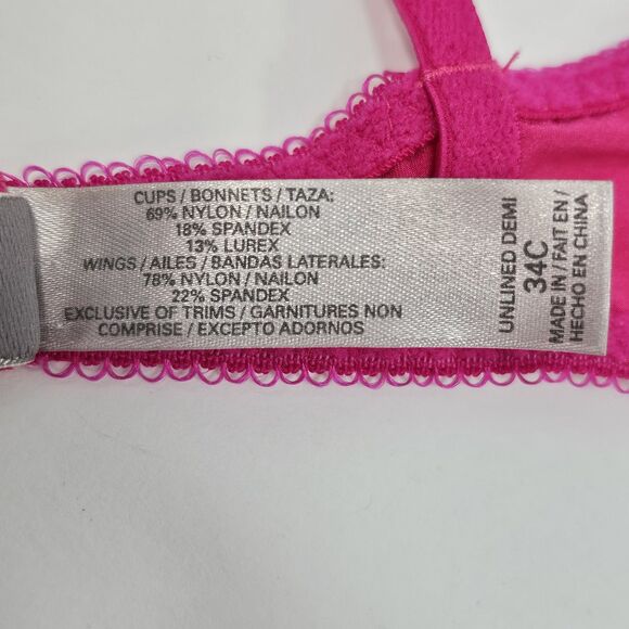 Victoria’s Secret Unlined Demi Bra 34C Hot Pink Lace Y2K Coquette Barbiecore - Picture 5 of 7